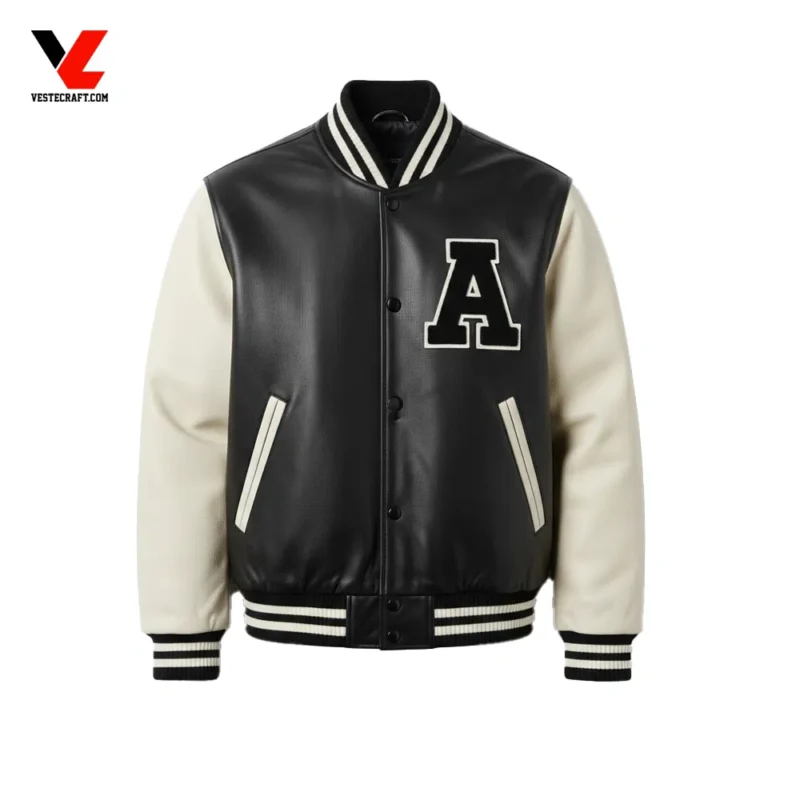 Black & White Cowhide Varsity Leather Jacket